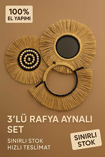 Genel Markalar El Yapımı 3'lü Rafya Aynalı Set | Siyah Boncuklu Boho Duvar De...