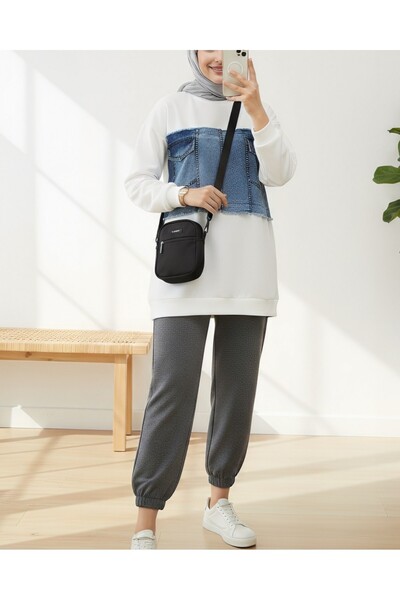 Modamorfo Round Neck Sweatshirt with Denim Pocket Detail on the Front - White