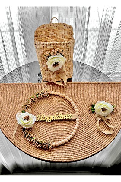 MACROMEKİDS Gold Tasarım Rustik Karşılama Seti (Kapı Süsü + Tasarım Paspas + Dekoratif Sepet)