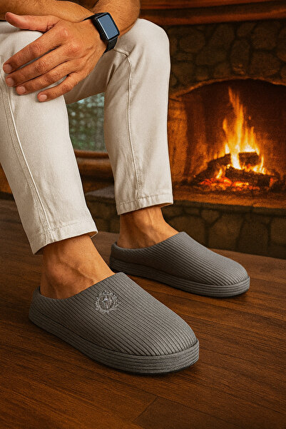 Behtah Kundura Embroidered Velvet Men's Closed Front Winter Slippers Daily Indoor Slippers Dowry Bohça