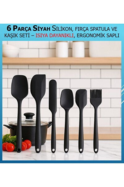 TARIK HOME 6 Piece Black Silicone, Brush Spatula and Spoon Set – Heat Resista...