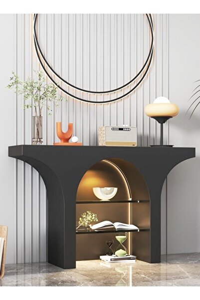 Raffine طاولة وحدة تحكم من الخشب الصلب بتصميم قبة كلاسيكي، 3 طبقات، أرفف زجاجية للتخزين، طاولة عرض للمدخل