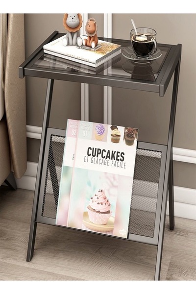 Raffine Multifunction Glass-top Sofa Side Table Accent End Table with Magazine Rack Bedside Nightstand Z Sha