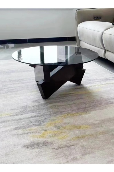 Raffine 1-Piece Round Coffee Table Glass Top Irregular Wood Geometric Base Sofa Side End Table for Living Ro