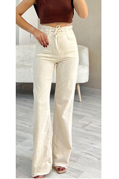 Bluezoni Linen High Waist Drawstring, Waist Tassel and Leg Tassel Special Design Palazzo Pants