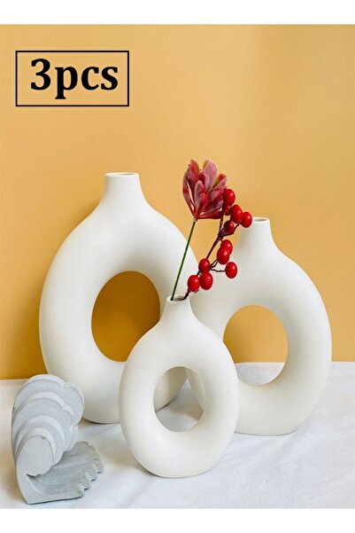 Raffine مزهرية سيراميك دائرية على شكل دونات بتصميم عصري بسيط من ثلاث قطع لتزي...