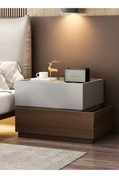 Raffine 2-Tiers Multipurpose Use Wood Nightstand Glossy Style Bedside Table with 2 Drawers Storage