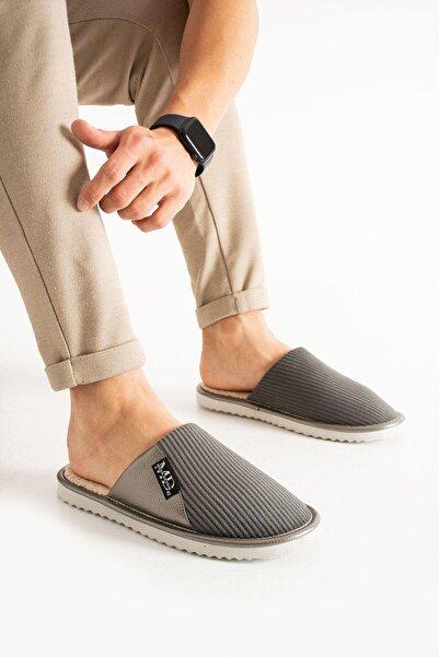 STOCON Unisex Velvet Fabric Leather Detailed Home Slippers Ribbed Fabric Home Slippers Dowry Bundle Slippers Stc1154