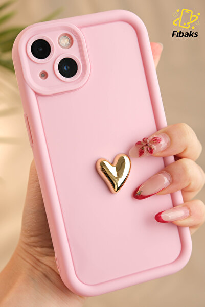 Fibaks Apple iPhone 13 Kılıf 3D Kalp Tasarımlı Pembe Desenli Yumuşak Kamera Korumalı Silikon Kapak