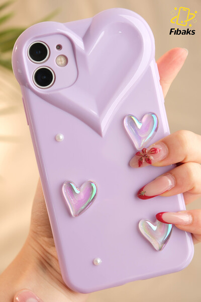Fibaks Apple iPhone 11 Kılıf Kalpli İnci Desenli Kalp Kamera Tasarımlı Lila Kamera Korumalı Silikon Kapak