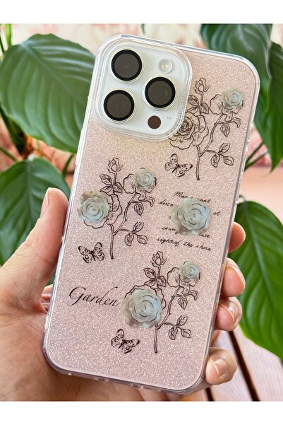 Fibaks Apple iphone 16 pro max compatible case glitter white rose patterned colorful glossy shock absorbing cover