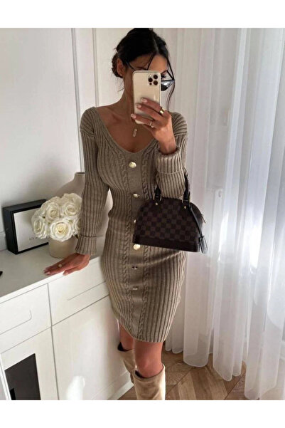 Buklemoda V-Neck Hair Knit Button Detail Mink Knitwear Dress