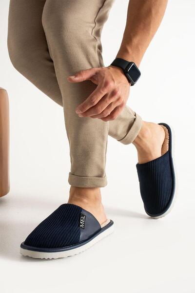 STOCON Unisex Velvet Fabric Leather Detailed Home Slippers Ribbed Fabric Home Slippers Dowry Bundle Slippers Stc1154