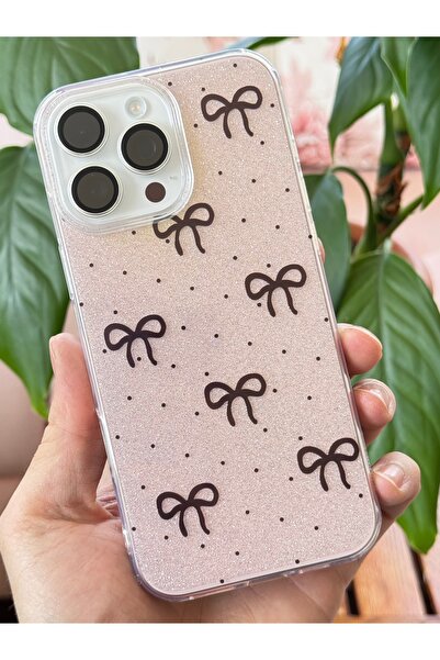 Fibaks Apple iPhone 16 Pro Max Compatible Case Silvery Black Bow Pattern Colorful Shiny Shock Absorbing Cover