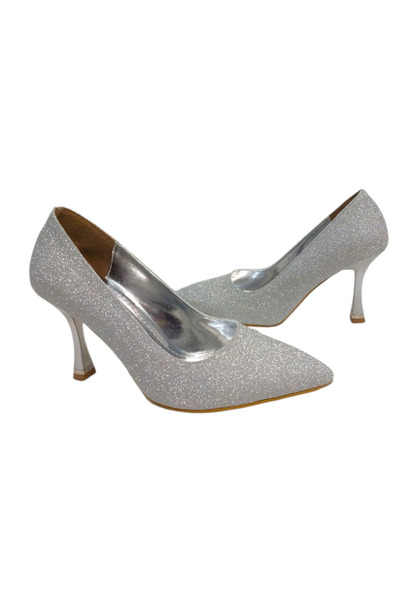 FHM AYDOGDU Without Bag Silver Glitter Sparkling Heeled Shoes - 10320