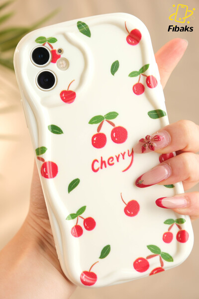 Fibaks Apple iphone 11 compatible case camera protected wave edge cherry pattern soft silicone cover