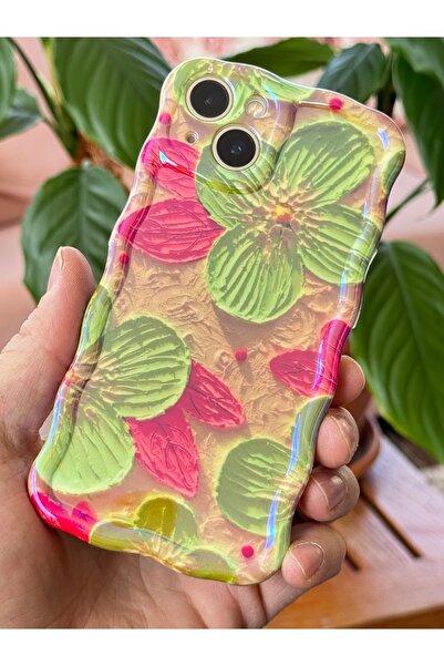 Fibaks iPhone 13 Case Bright Green Floral Pattern Wave Edge Camera Protection Shock Absorption