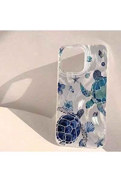 Fibaks iPhone 13/14/15 Kılıf Hologramlı Mavi Caretta Kaplumbağa Desenli Darbe Emici Kamera Korumalı Silikon