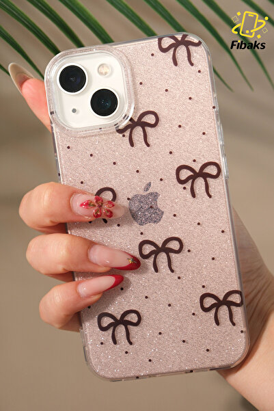 Fibaks Apple iPhone 13/14 Uyumlu Kılıf Simli Siyah Fiyonk Desenli Renkli Parlak Darbe Emici Kapak