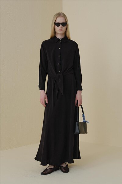 Nihan Bağlama Detaylı Etek Bluz Modal Takım Siyah