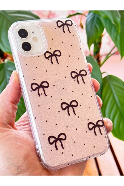 Fibaks Apple iPhone 12/12 Pro Compatible Case Silvery Black Bow Pattern Colorful Shiny Shock Absorbing Cover