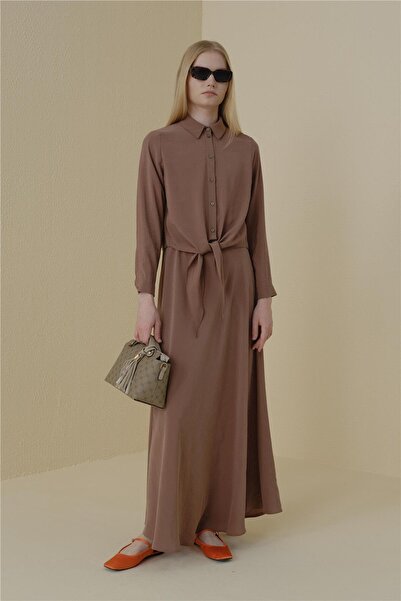 Nihan Bağlama Detaylı Etek Bluz Modal Takım Açık Kahve