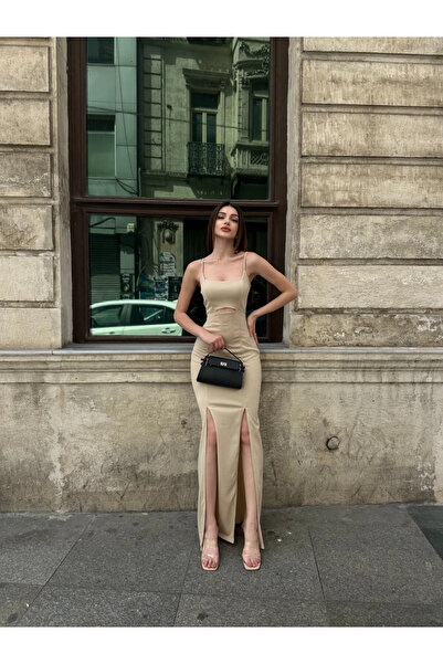 Fav Style Kadın Askılı Pencere Detaylı Çift Yırtmaçlı Uzun Elbise Bej