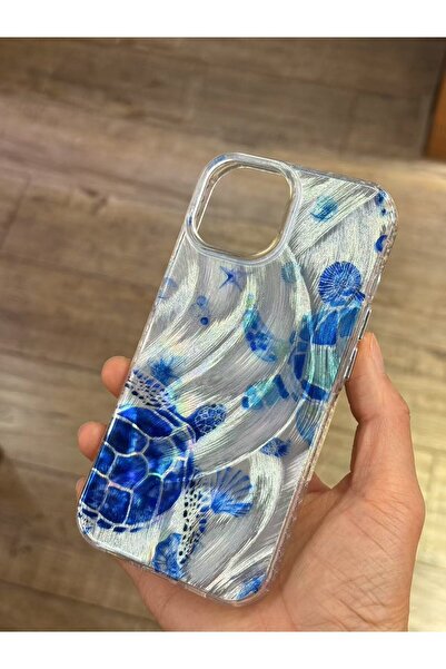 Fibaks iPhone 13/14/15 Kılıf Hologramlı Mavi Caretta Kaplumbağa Desenli Darbe Emici Kamera Korumalı Silikon