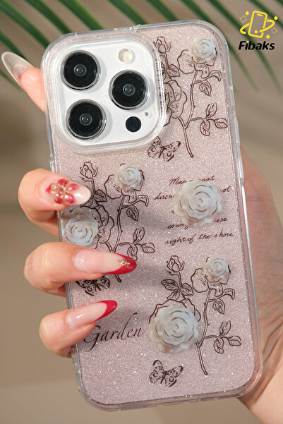 Fibaks Apple iphone 14 pro compatible case glitter white rose patterned colorful glossy shock absorbing cover
