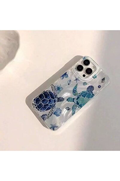 Fibaks iPhone 13/14/15 Kılıf Hologramlı Mavi Caretta Kaplumbağa Desenli Darbe Emici Kamera Korumalı Silikon