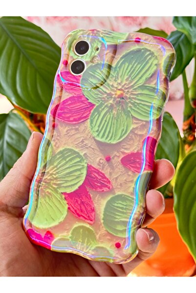 Fibaks iPhone 11 Kılıf Hologramlı Parlak Yeşil Çiçek Desenli Dalga Kenarlı Kamera Korumalı Darbe Emici