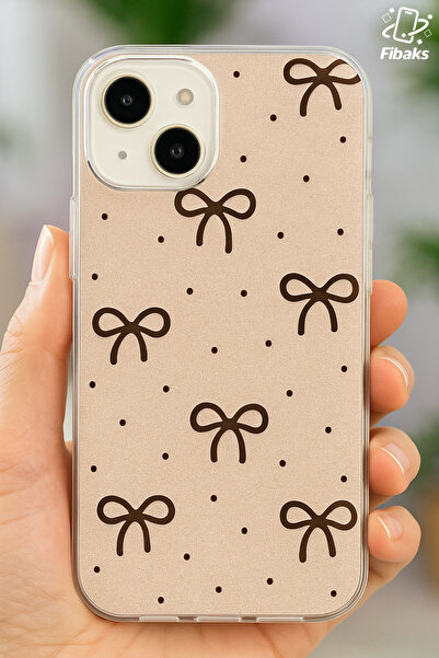 Fibaks Apple iPhone 13/14 Uyumlu Kılıf Simli Siyah Fiyonk Desenli Renkli Parlak Darbe Emici Kapak