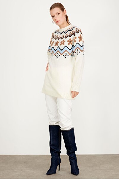 Tığ Triko ROBASI DESEN DETAYLI İŞLEMELİ TRİKO TUNİK EKRU