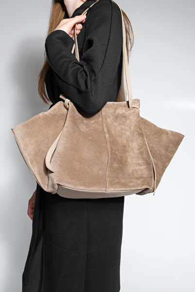 Marjin Women's Genuine Leather Shopper Hand and Shoulder Bag Yorita Mink Suede