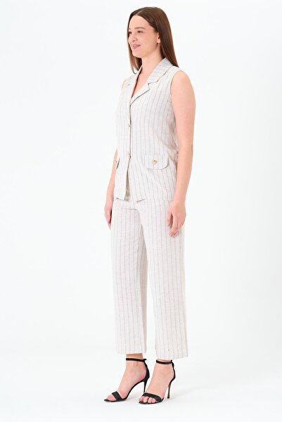 Sortie Collection Women's Beige Color Striped Pocketed 4 Button Long Vest