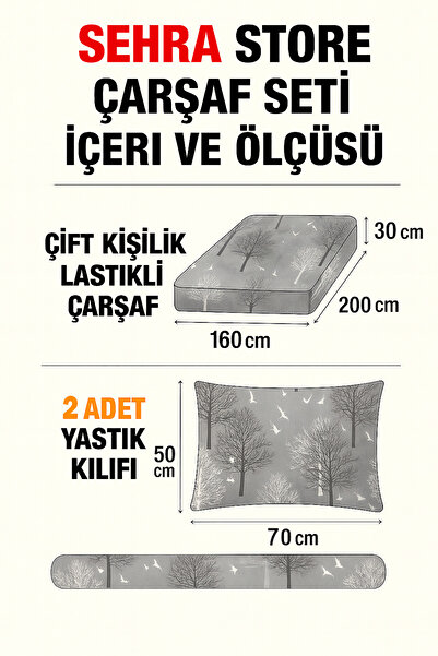 sehra Double Cotton Fitted Sheet + 2 Pillowcases Bedding Set Durable Patterned Set