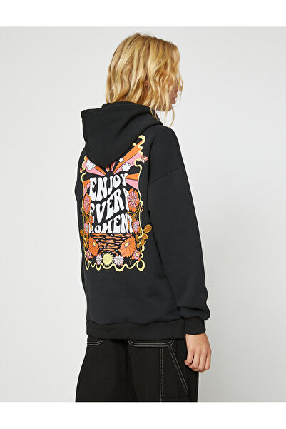 Koton Potištěná oversize mikina s kapucí, dlouhým rukávem a fleecem uvnitř