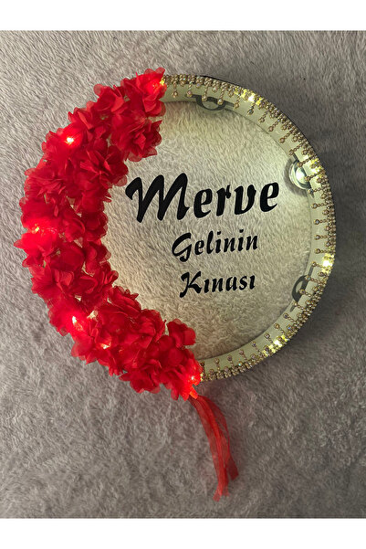 Mortex Kırmızı LED'li Şeffaf Gelin Tefi 32 cm 3D Çiçekli Taşlı Nedime Bride K...