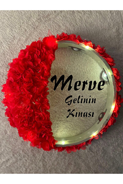 Mortex Kırmızı LED’li Şeffaf Gelin Tefi 32 cm 3D Çiçek Süslemeli Kına Düğün N...