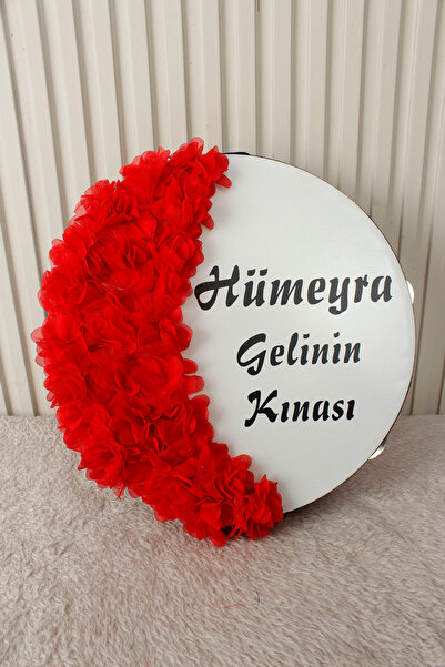Mortex Kırmızı Hilal Desenli Gelin Tefi 28 cm 3D Çiçek Süslemeli Kına Düğün N...