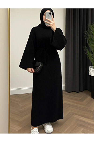 Modazeray Black Knitted Long Dress with Belt