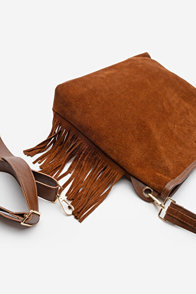 Marjin Women's Genuine Leather Tassel Detailed Hand and Shoulder Bag Soliga Tan Suede