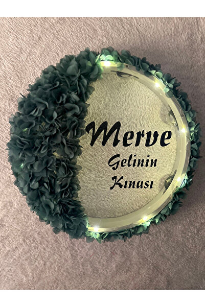 Mortex Yeşil LED’li Şeffaf Gelin Tefi 32 cm 3D Çiçek Süslemeli Kına Düğün Ned...