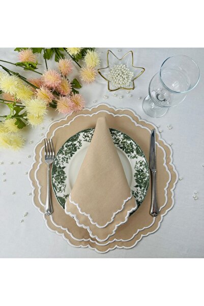 Table Alp Bej Kumaş Beyaz Nakışlı Amerikan Servis & Peçete Seti – 6 Kişilik (...