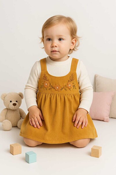 Tosyalı Burak Bebe Kız Bebek Pamuklu Kadife Kumaşlı Tişörtü Penyeli Jile Elbise