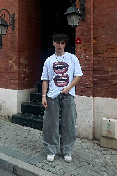 Sekizbiraltı تيشيرت أبيض كبير الحجم مطبوع عليه أسنان الشفاه V2 للجنسين