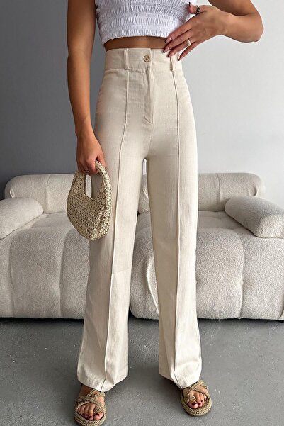Deafox Cream Colored Striped Fish Back Fabric Trousers