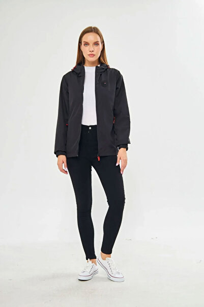 D1fference Kadın Siyah Astarlı Rüzgar Geçirmez Kapüşonlu Cepli Yağmurluk