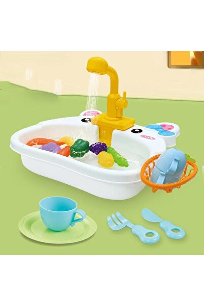 scntoys Modern Çeşmeli Lavabo Seti Mavi Pilli Mutfak Oyuncak Seti