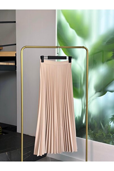 BÜRDE Beli Lastikli Bej Renk Kadın Piliseli Etek